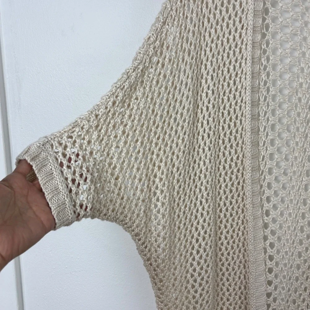 Cream Open Knit Netted Cardigan Beige Oatmeal Crochet Boho Kimono Sweater OS